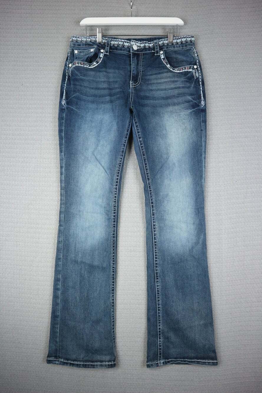 Grace in LA Bootcut Jeans Embroidered Bull Skull Back Pockets Medium Wash 31W